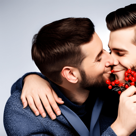 Gay men kissing under mistletoe